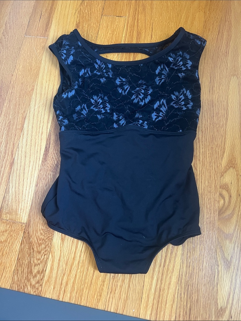 Girls 14 Black Floral Lace-Top Ballet Leotard